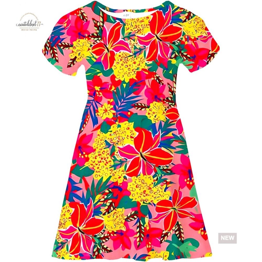 Girls Casual Sundress Short Sleeve A-Line Knee Length Size 4-10 Years